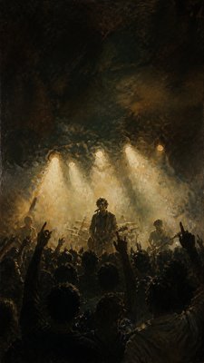 a live music scene with a glowing stage and silhouetted crowd, energetic vertical composition with open space at the top, no text