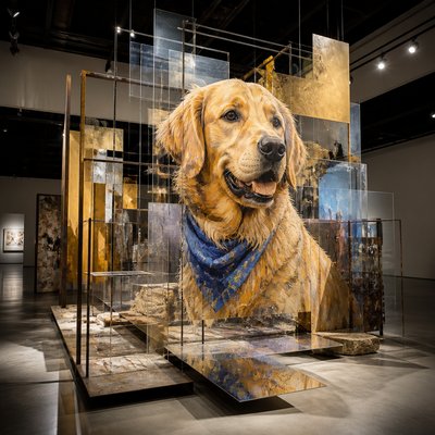 portrait of a golden retriever wearing a blue bandana, warm plain backdrop, no text