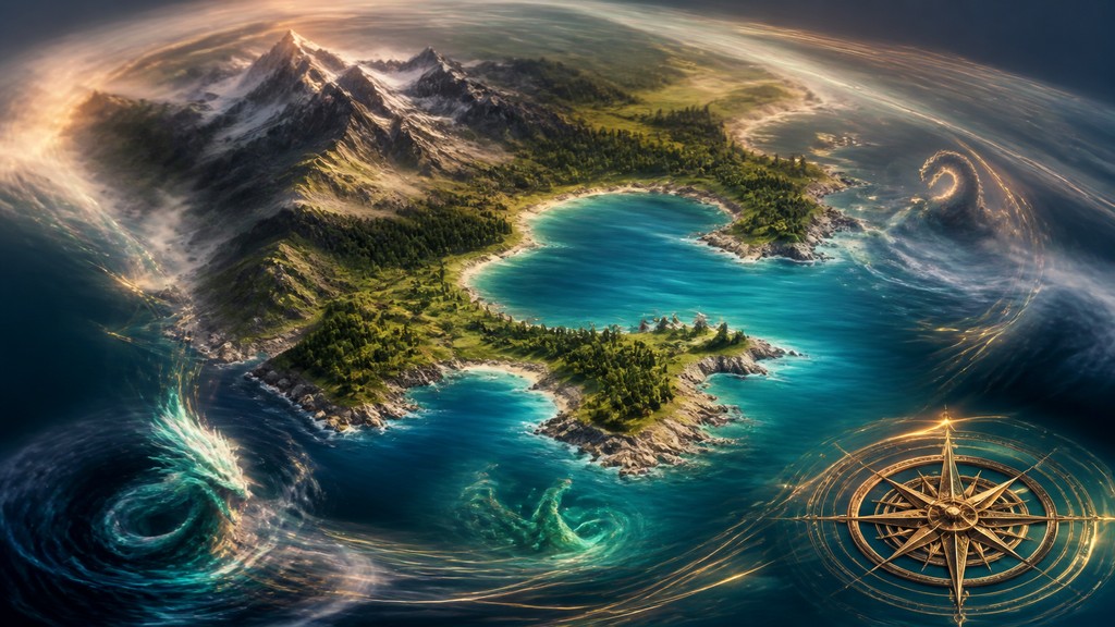 a map of an island realm with mountains, forests, a sheltered bay, sea monsters in the water and a compass rose, no text labels