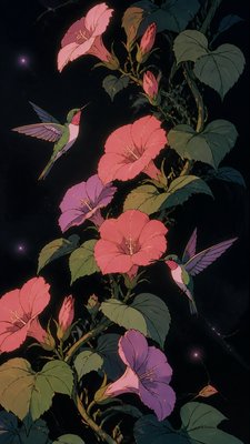 a climbing vine of flowers and hummingbirds on a dark background, tall wrapping composition, no text