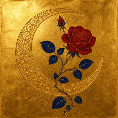 a rose entwined with a crescent moon, clean balanced composition on a plain background, no text