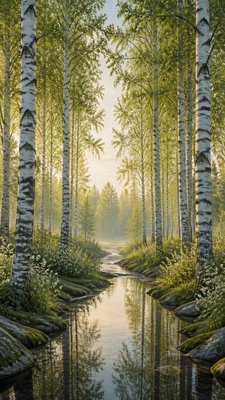 a serene birch forest in soft morning light, no people, no text