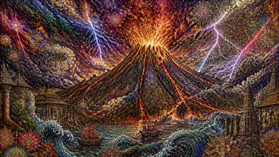 an erupting volcano with lightning strikes, dramatic wide composition, no text