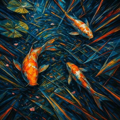 A koi pond seen from above, orange and white koi fish swimming among lily pads, clear water with subtle ripples, fallen cherry blossom petals floating on the surface, dappled sunlight