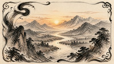 a vast valley with a river winding toward distant mountains at sunrise, no people, no text