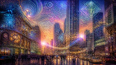 bustling city street panorama at dusk