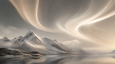 a flowing aurora over snowy peaks, wide sweeping composition, no people, no text