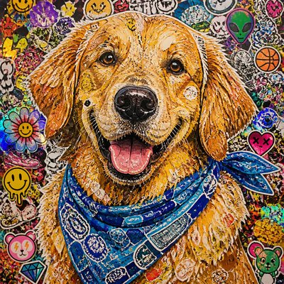 portrait of a golden retriever wearing a blue bandana, warm plain backdrop, no text
