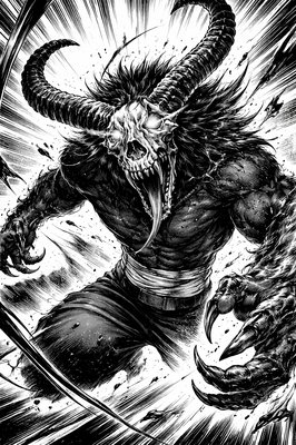 a black and white drawing of a demon