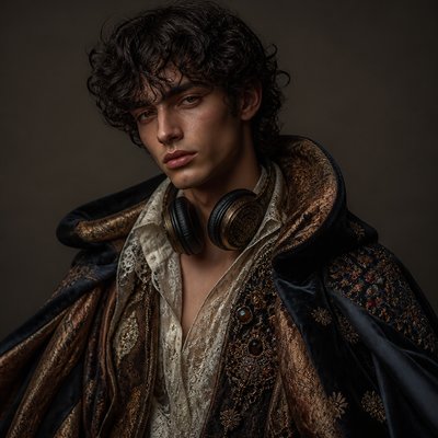 head-and-shoulders portrait of an original character: a young man with curly dark hair and headphones around his neck, plain backdrop, no text