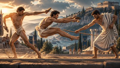 two men are fighting in front of an ancient city