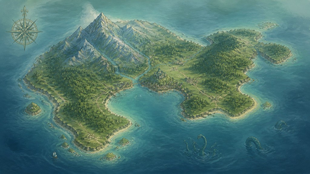 a map of an island realm with mountains, forests, a sheltered bay, sea monsters in the water and a compass rose, no text labels