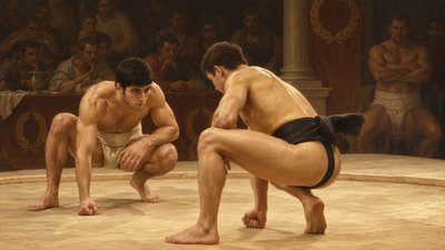 a painting of two sumo wrestlers in front of a crowd