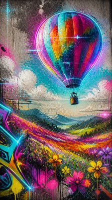 a hot air balloon drifting over rolling flower fields on a sunny day, cheerful, no text