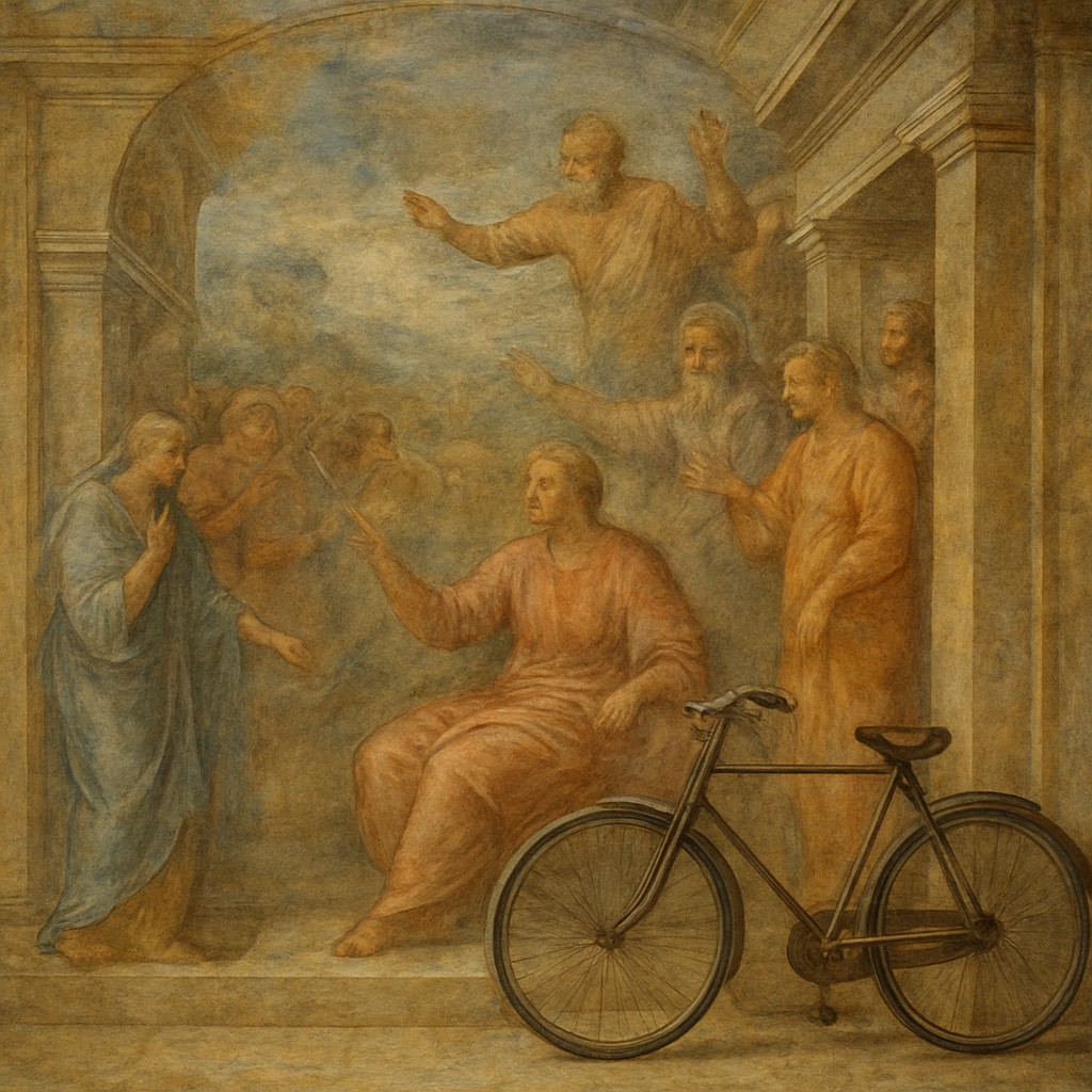 bicyle resting against a wall