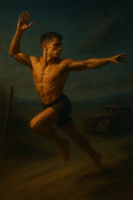 a painting of a man jumping in the air