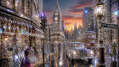bustling city street panorama at dusk