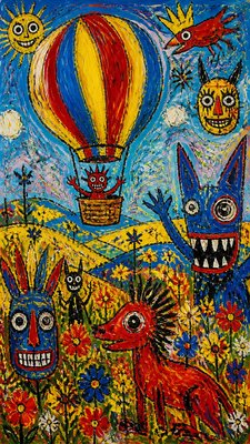 a hot air balloon drifting over rolling flower fields on a sunny day, cheerful, no text