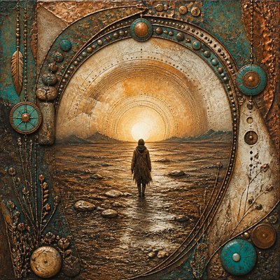 a solitary figure walking toward a glowing horizon across an empty plain, moody atmosphere, no text or lettering