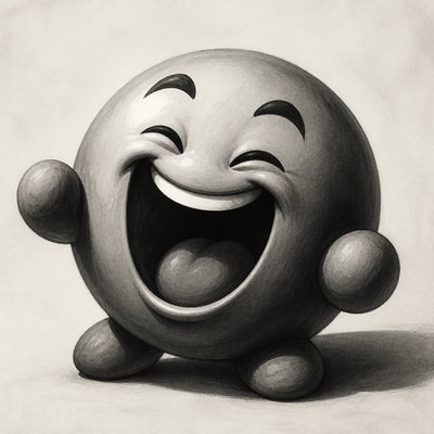 an exaggerated laughing face of an original round mascot character, bold and readable at small size, plain background, no text