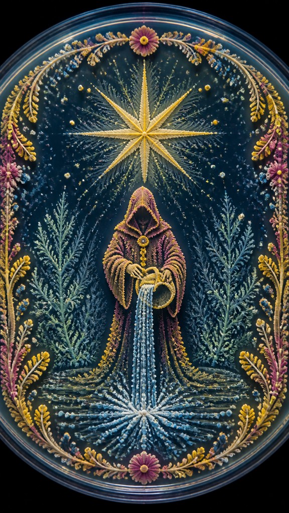 a robed figure pouring water beneath a large eight-pointed star in a night sky, symmetrical composition with an ornate decorative border, no text
