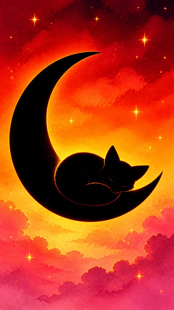 a sleeping baby fox curled on a crescent moon among soft stars, gentle and warm, no text