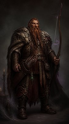 full-body original character: a dwarven ranger with a braided auburn beard, worn leather armor, a longbow and a wolf-pelt cloak, neutral background, no text
