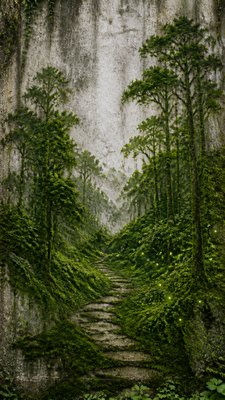 a mysterious forest path with fireflies and drifting mist, atmospheric vertical composition with open space at the top, no text