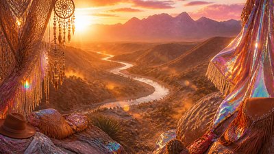 a vast valley with a river winding toward distant mountains at sunrise, no people, no text