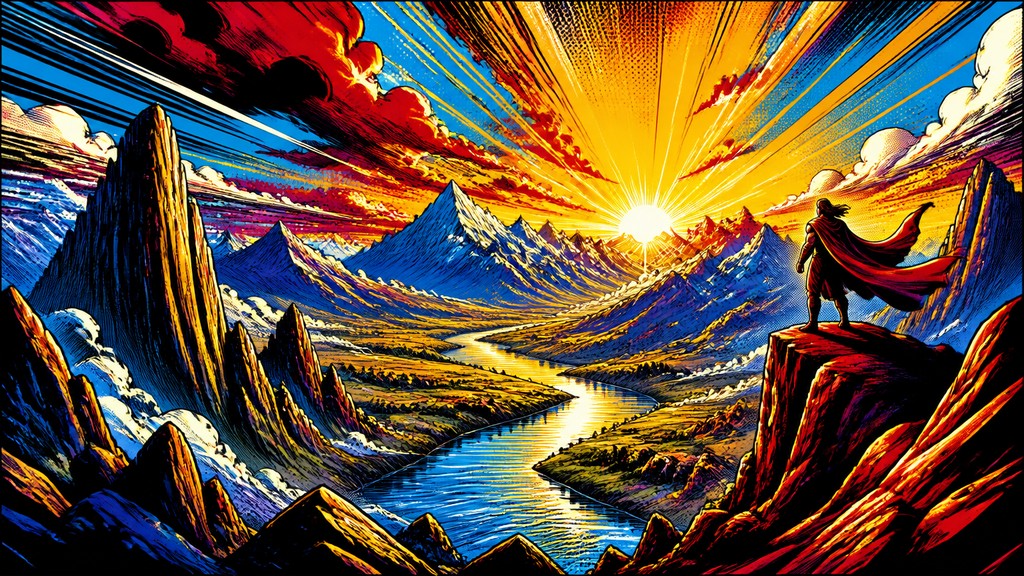 a vast valley with a river winding toward distant mountains at sunrise, no people, no text