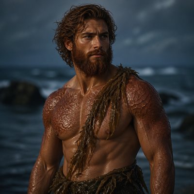 Fais moi un dieu roue et fort avec une barbe rousse plus foncé il , il est habillé sans tee shirt sans bijoux juste en dirait un dieu des mers il a des habille en algues  il a des écailles roue sur le torse et les epaules mais sinon c’est un humain 