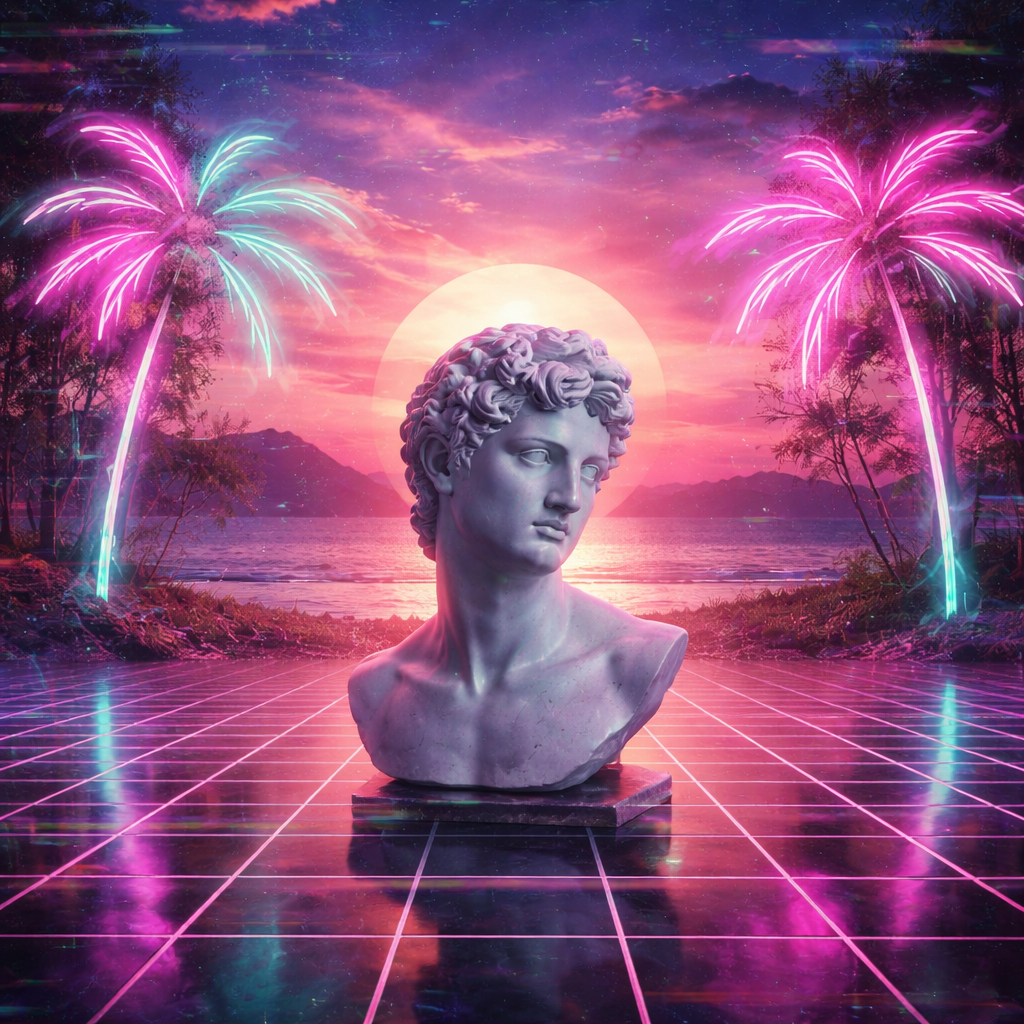 Surreal vaporwave landscape at sunset, marble Greek bust on checkered grid floor, neon palm trees glowing pink and teal, VHS glitch effects, retro 90s aesthetic, dreamy nostalgic atmosphere, high detail