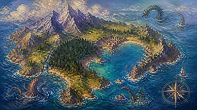 a map of an island realm with mountains, forests, a sheltered bay, sea monsters in the water and a compass rose, no text labels