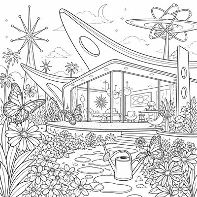 a garden scene with butterflies, flowers and a watering can, clean uncolored line art, no text