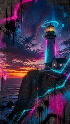 a lone lighthouse on a cliff at dusk under a dramatic sky, no text or lettering