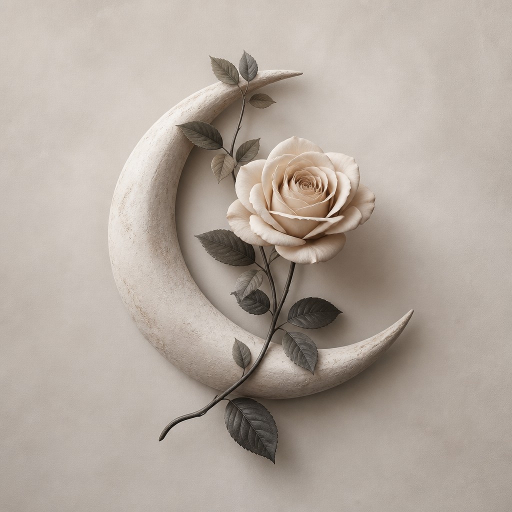 a rose entwined with a crescent moon, clean balanced composition on a plain background, no text