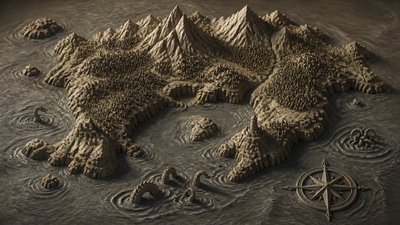 a map of an island realm with mountains, forests, a sheltered bay, sea monsters in the water and a compass rose, no text labels