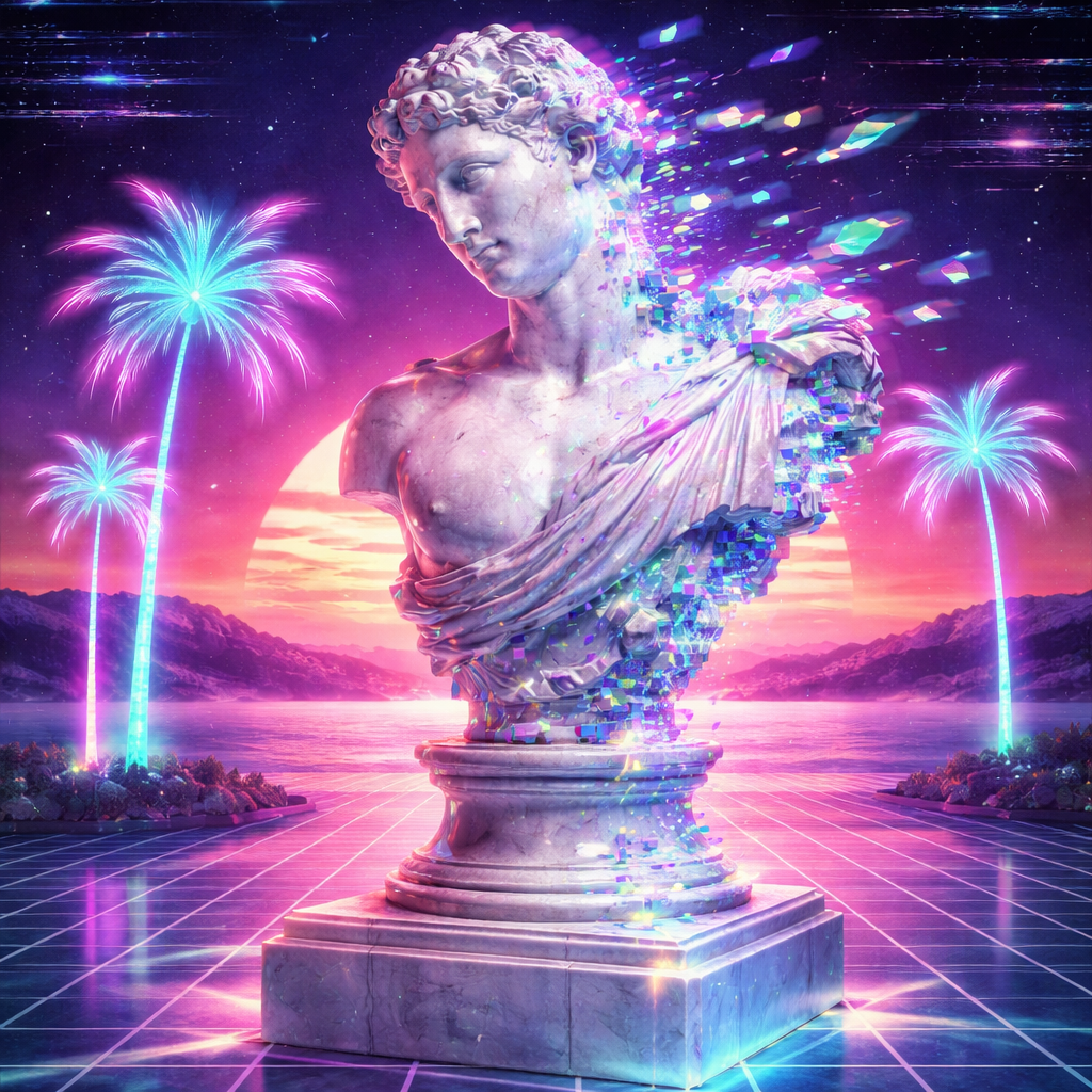 Surreal vaporwave landscape at sunset, marble Greek bust on checkered grid floor, neon palm trees glowing pink and teal, VHS glitch effects, retro 90s aesthetic, dreamy nostalgic atmosphere, high detail