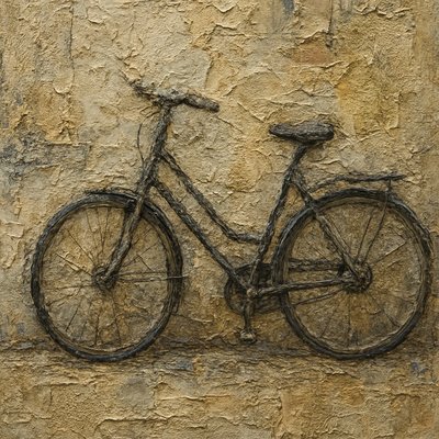 bicyle resting against a wall