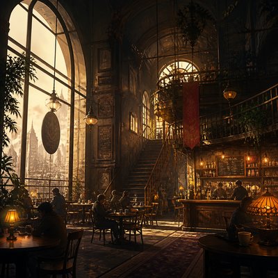 cozy cafe interior with warm lighting