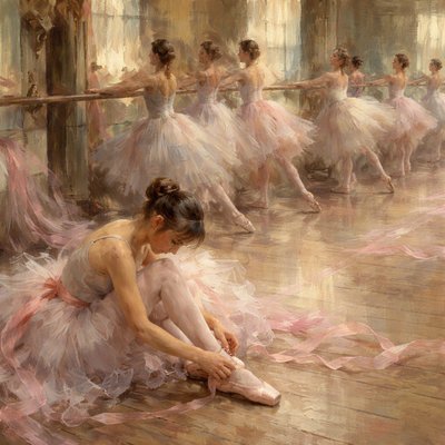 An impressionistic oil painting in the style of Edgar Degas, depicting a busy ballet rehearsal room. In the left foreground, a young dancer is seated on the floorboards, hunched over as she adjusts the ribbons of her ballet slippers. The brushwork is loose and textured. The background is filled with a row of other dancers in tutus and practice clothes lining a long ballet barre, performing stretches and warm-ups, their forms slightly blurred by movement. The room has soft, diffused gaslight, muted pastel colors, and visible brushstrokes capturing the atmosphere of dedication and rehearsal. Focus on the subtle shades of pink.