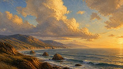 a panoramic ocean horizon with towering clouds at golden hour, no people