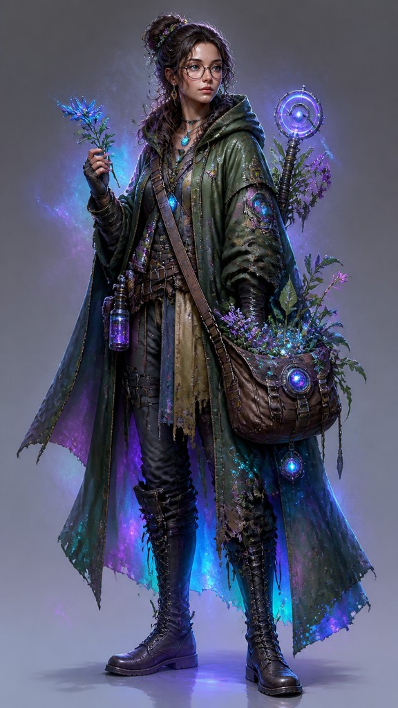 full-body original character: a wandering botanist with a satchel of plants, a patched green cloak, tall boots and round glasses, neutral background