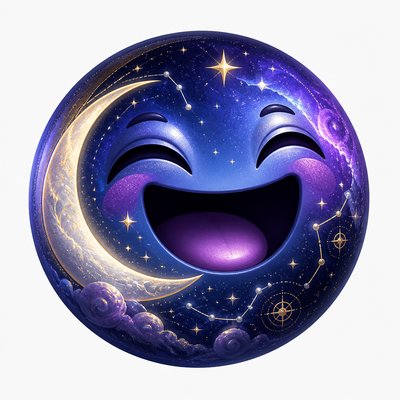 an exaggerated laughing face of an original round mascot character, bold and readable at small size, plain background, no text