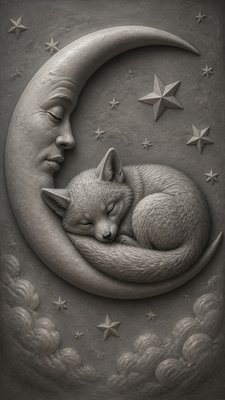 a sleeping baby fox curled on a crescent moon among soft stars, gentle and warm, no text