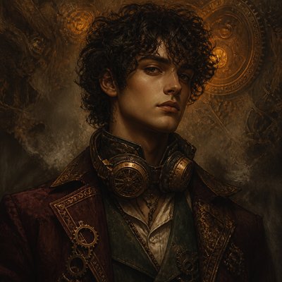 head-and-shoulders portrait of an original character: a young man with curly dark hair and headphones around his neck, plain backdrop, no text