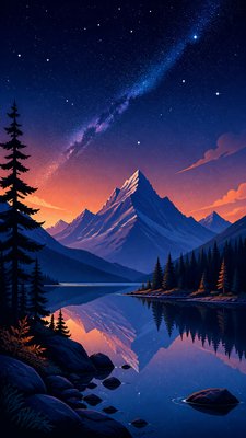 a tranquil mountain lake beneath a starry night sky, no people, no text