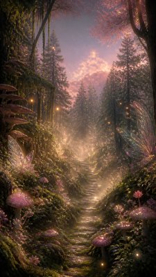 a mysterious forest path with fireflies and drifting mist, atmospheric vertical composition with open space at the top, no text