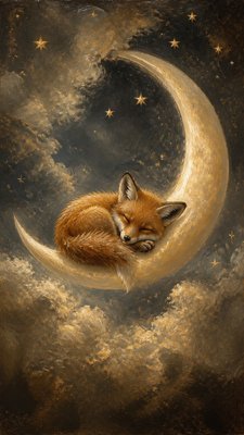 a sleeping baby fox curled on a crescent moon among soft stars, gentle and warm, no text
