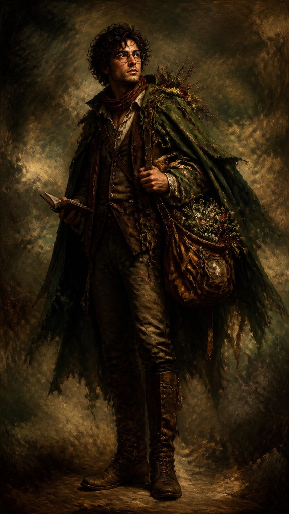 full-body original character: a wandering botanist with a satchel of plants, a patched green cloak, tall boots and round glasses, neutral background